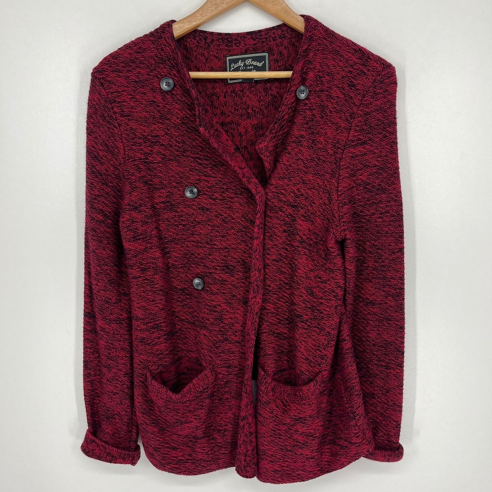 Lucky Brand Red Black Marled Knit Double Breasted Cardigan Sweater Large